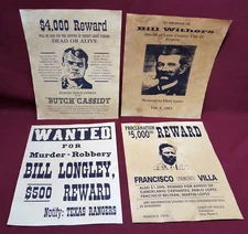 Lot of 4 Vintage Reward Posters Reproductions, Butch Cassidy, Pancho Villa