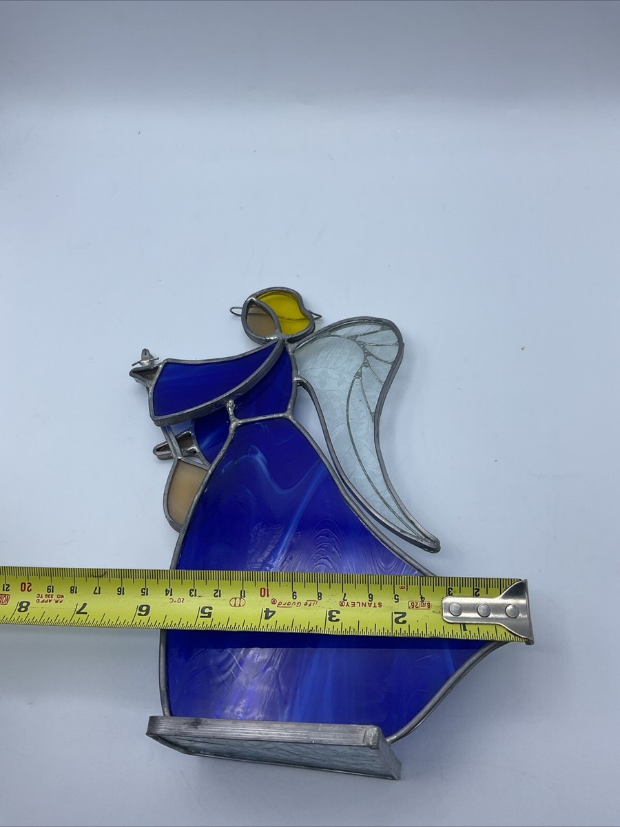Vintage Blue Yellow Multicolor Stained Glass Angel Playing
