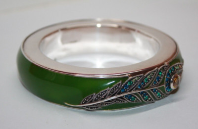Ken Craft Sterling Silver Green Enamel Floral Chunky Bangle Bracelet 7.5''[114GRA