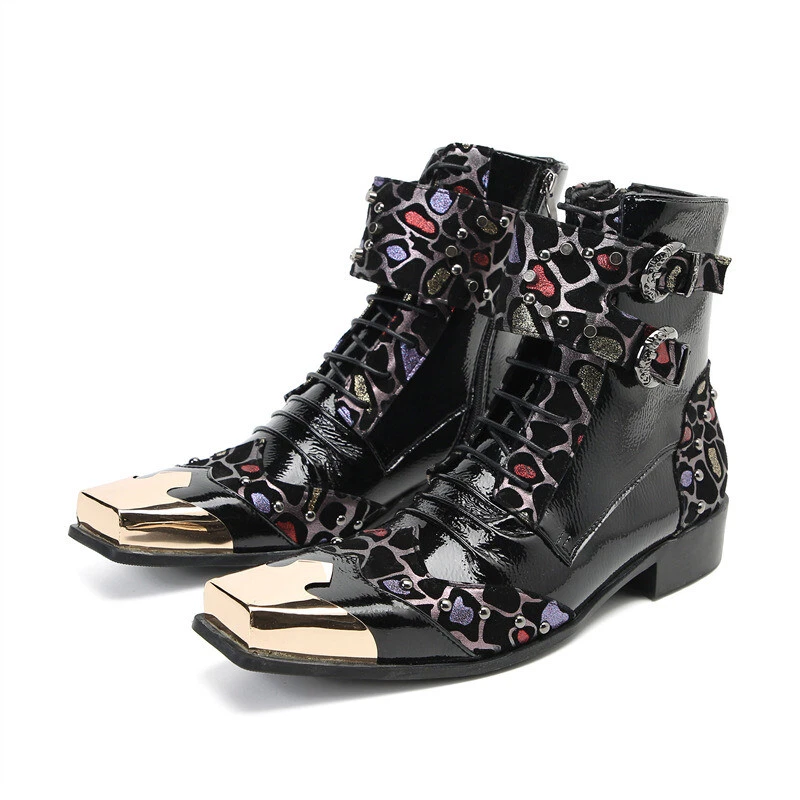 Botines florales de metal con punta cuadrada para hombre de cuero real con cordones ropa de club nocturno hebilla cremallera Foto 3 de 4