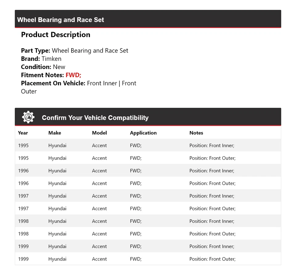 For 1995-1999 Hyundai Accent FWD Wheel Bearing and Race Set Timken 1996 1997 - Image 2 of 4