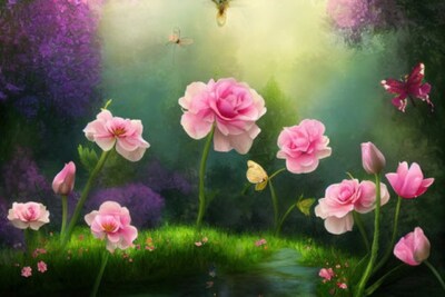 Wandbild: Fantasievoller magischer Eustoma-Blumengarten in einem [...]