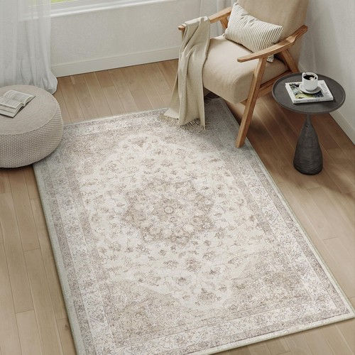 Beige Area Rug 3x5 Washable Vintage Carpet for Entryway Office Soft Retro Kit...