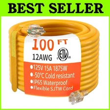 Listed 100ft 3 Prong Electric Cord 15A 1875W 125V 12AWG