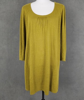 Eileen Fisher Dress Womens XL Green Scoop Neck Tunic Linen Jersey Shift Relaxed