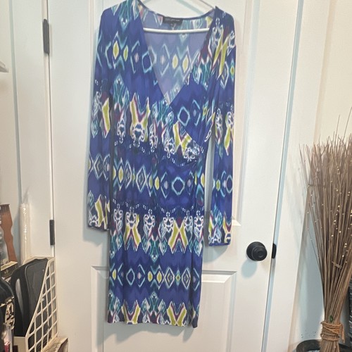 Jones New York Signature Women's Blue Multicolor Geometric V-Neck Sheath Dress L