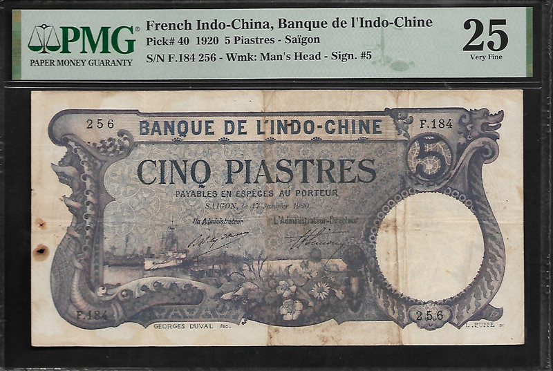 French Indo China 5 Piastres 1920 PMG 25  P # 40 Banque de Indo - China