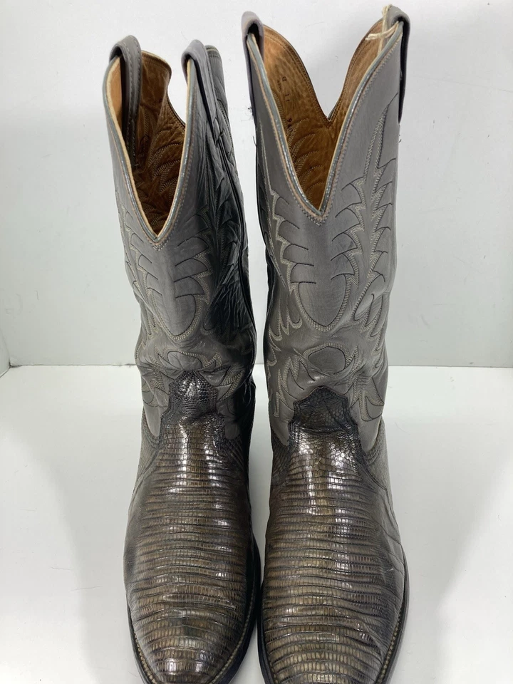 Botas masculinas Nocona Teju Lizards tamanho 11 D couro cinza rodeio ocidental vintage década de 1970 - Imagem 2 de 4
