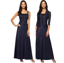 Alex Evenings Navy Blue 2 Piece Lace & Satin Gown Dress Jacket Size 10