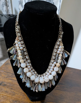 LOFT Art Deco Goldtone Multi-Tier Statement Necklace Rhinestone Faux Pearl