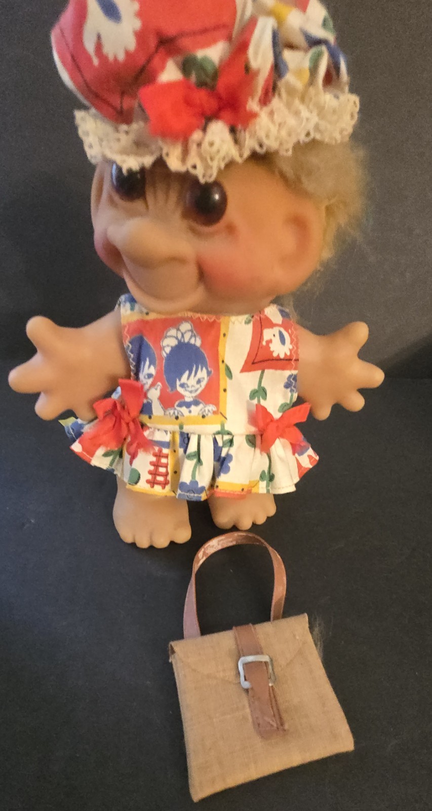 Vintage Thomas Dam Troll Doll Denmark Original Dress Hat Purse 70s 80s Rare