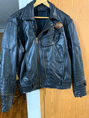 Black Leather Motorcycle Jacket with Harley-Davidson Patches