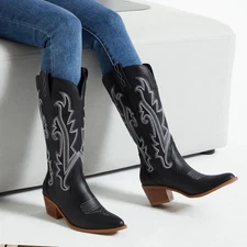 Women Chunky Heel Pull On Western Boots Square Toe Cowboy Cowgirl Mid Calf Boots