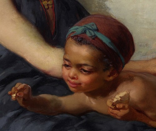 Guido Bach Huge Fine Antique Orientalist Oil Painting Woman Child Birds Signed - 第 6/12 張圖片
