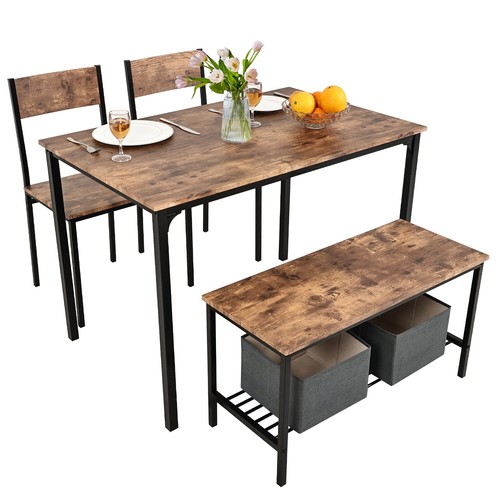 4 Piece Dining Table Set Wooden Compact Table 2 Chairs 1 Bench Set Metal Brown - Picture 8 of 8