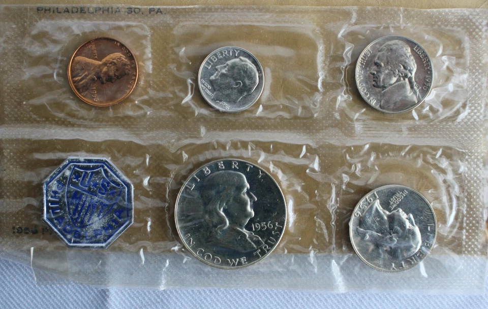 1956 US Proof Set 5 Coin Set 3 Silver Coins 1c-50c In Cello Sleeve with Envelope - Image 2 of 4