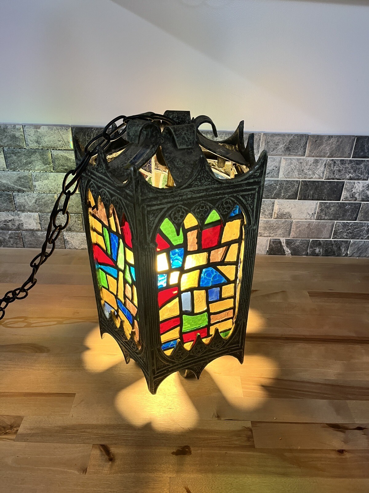 Midcentury Gothic Revival Swag or Hanging Light with Stained Glass