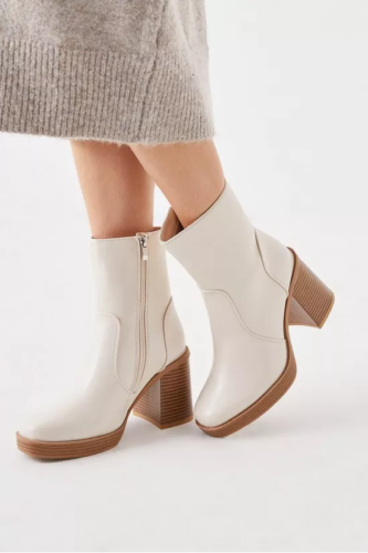 Ladies Heeled Ankle Boots Cream Zip Up Vegan Leather Womens Block Heel Size 3-8 - Picture 10 of 16