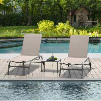 Pieces of Outdoor Metal Chaise Lounge Chair w/Wheels,Table