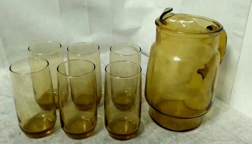 Vintage Anchor Hocking 7 Piece Lemonade Set Honey Gold. New Open Box - Picture 2 of 8