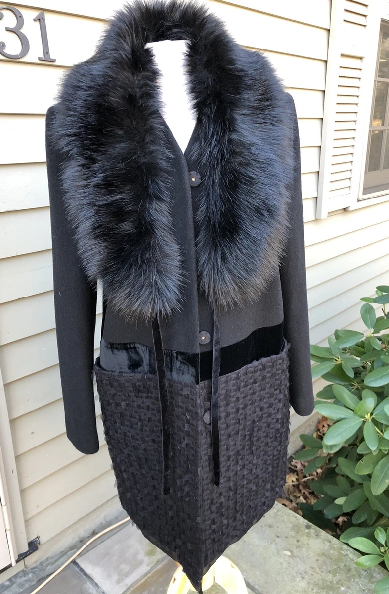 VERA WANG COAT dressy Black Wool Blend Coat removable Faux Fur Trim Sz L