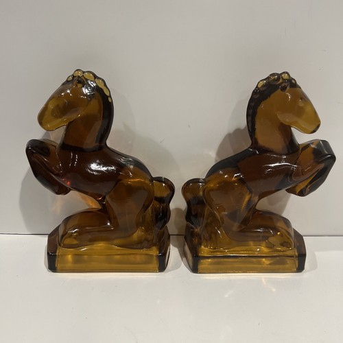 Aufzucht Pferd Buchstützen Kunstglas Vintage Amberina rot orange UVA 1950 L.E. Smith - Bild 2 von 9