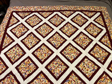 Handmade Burgundy Orange Multi Floral Quilt Throw Blanket 57" x 74"