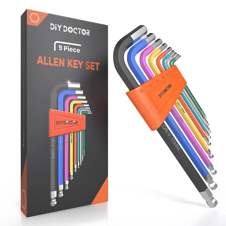 Allen Key Set Hex Metric 9pc Ball End Long Folding Colour Coded Design Alan Keys
