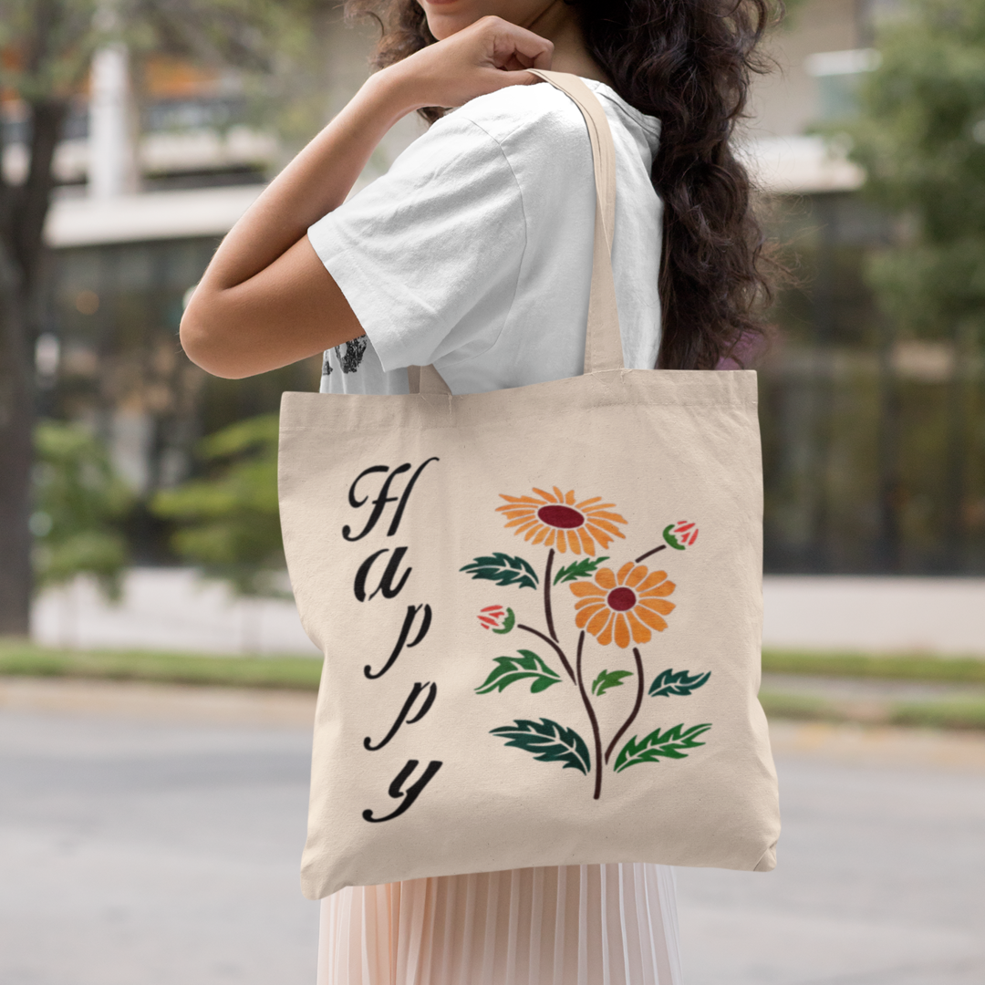 Hand Painted Tote Bag Sunflower with Happy UK