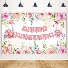 Pink Happy Birthday Backdrop, Rose 70.8 inches x 45.2 inches, pink flower