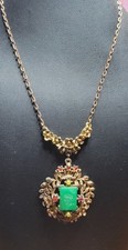 Vintage Victorian Revival Gothic Cameo Necklace Green Glass Rhinestone 15"