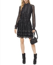 MICHAEL Michael Kors Black Beaded Lace Mini Fit & Flare Dress Long Puff Sleeve M