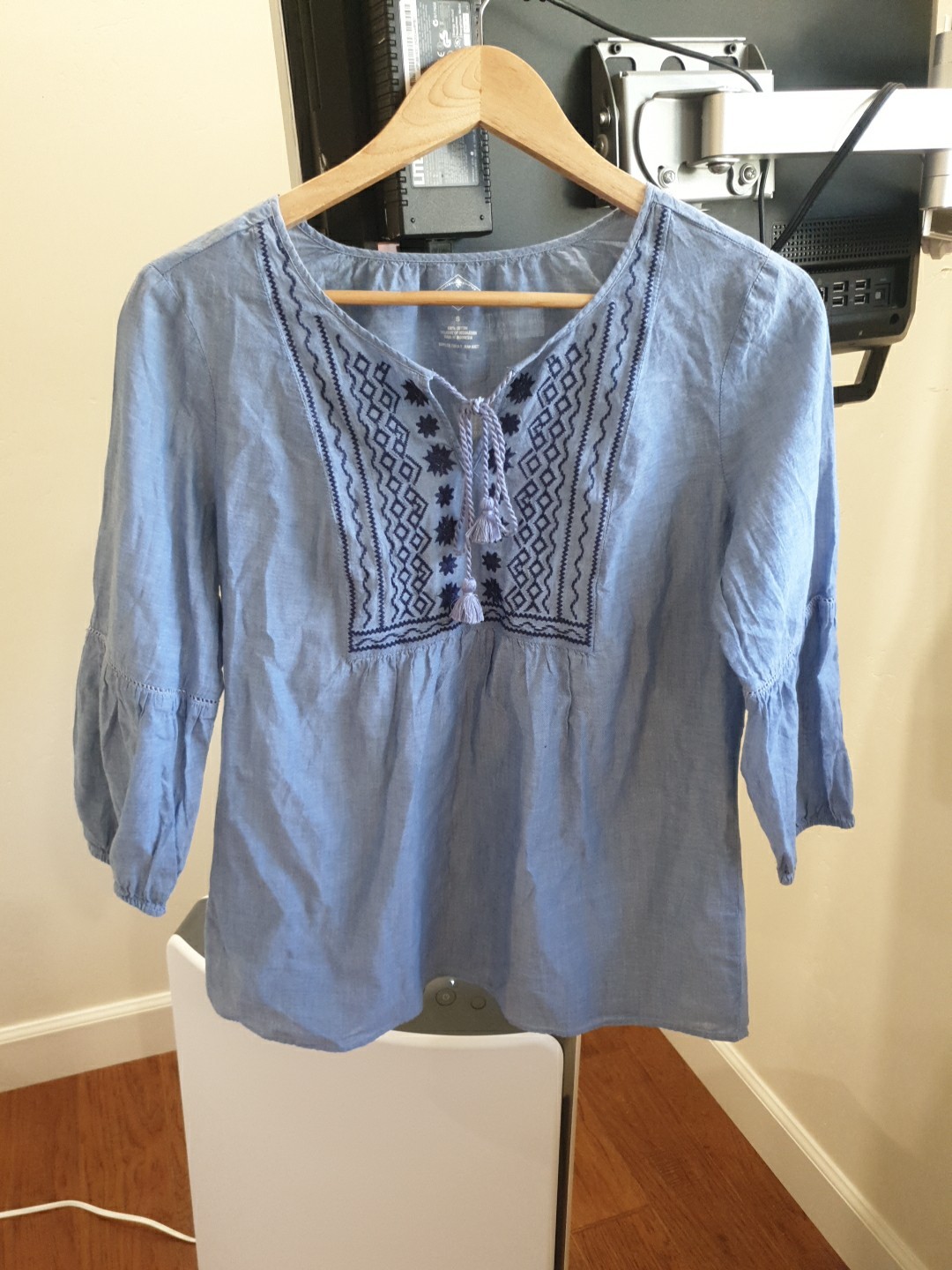 St Johns Bay Womens Size S Peasant Blouse Embroidered Tassle Blue Chambray Boho