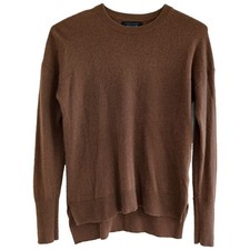 Tahari 100 2 PLY Cashmere Size M Brown Crew Neck Hi Lo Hem Long Sleeve Sweater