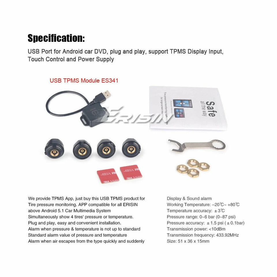 ES341 4 Sensors TPMS Module USB Reifendrucksensor Display Für Android Autoradios - Bild 4 von 4