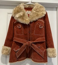 Vintage MOD-MAID Sz 16 Faux Suede & Faux Fur Trim Belted Jacket Coat 70’s *READ*