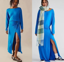 Free People Alyssa Long Sleeve Boho Wrap Maxi Dress Blue Small