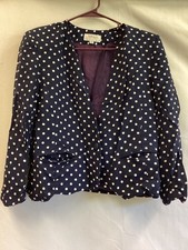 Talbots Blazer Womens 12P Navy Blue White Polka Dot Petite Jacket Made USA Lined