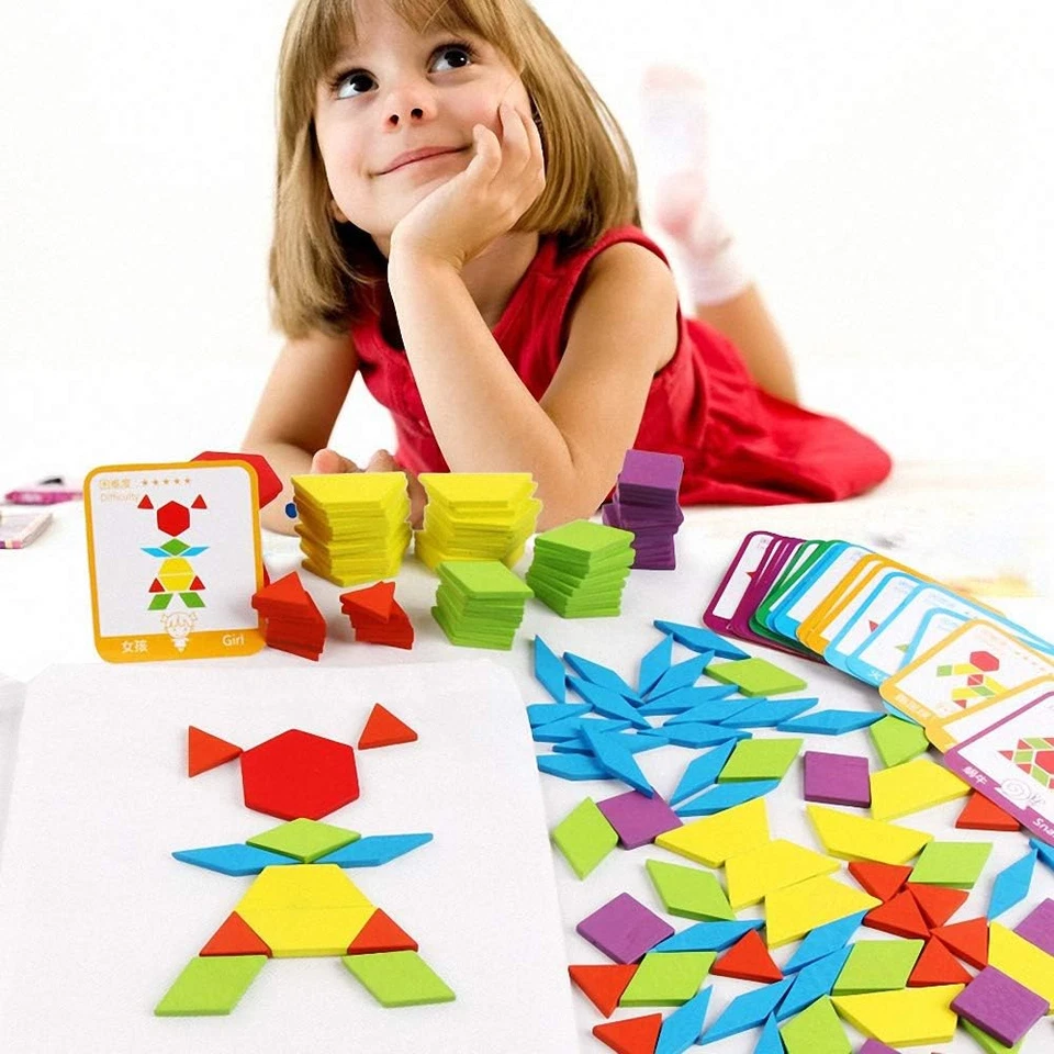 Montessori Puzzle in Legno Di 155 Forma Geometrica -Tangram Toy Card Divertente  - Immagine 3 di 4