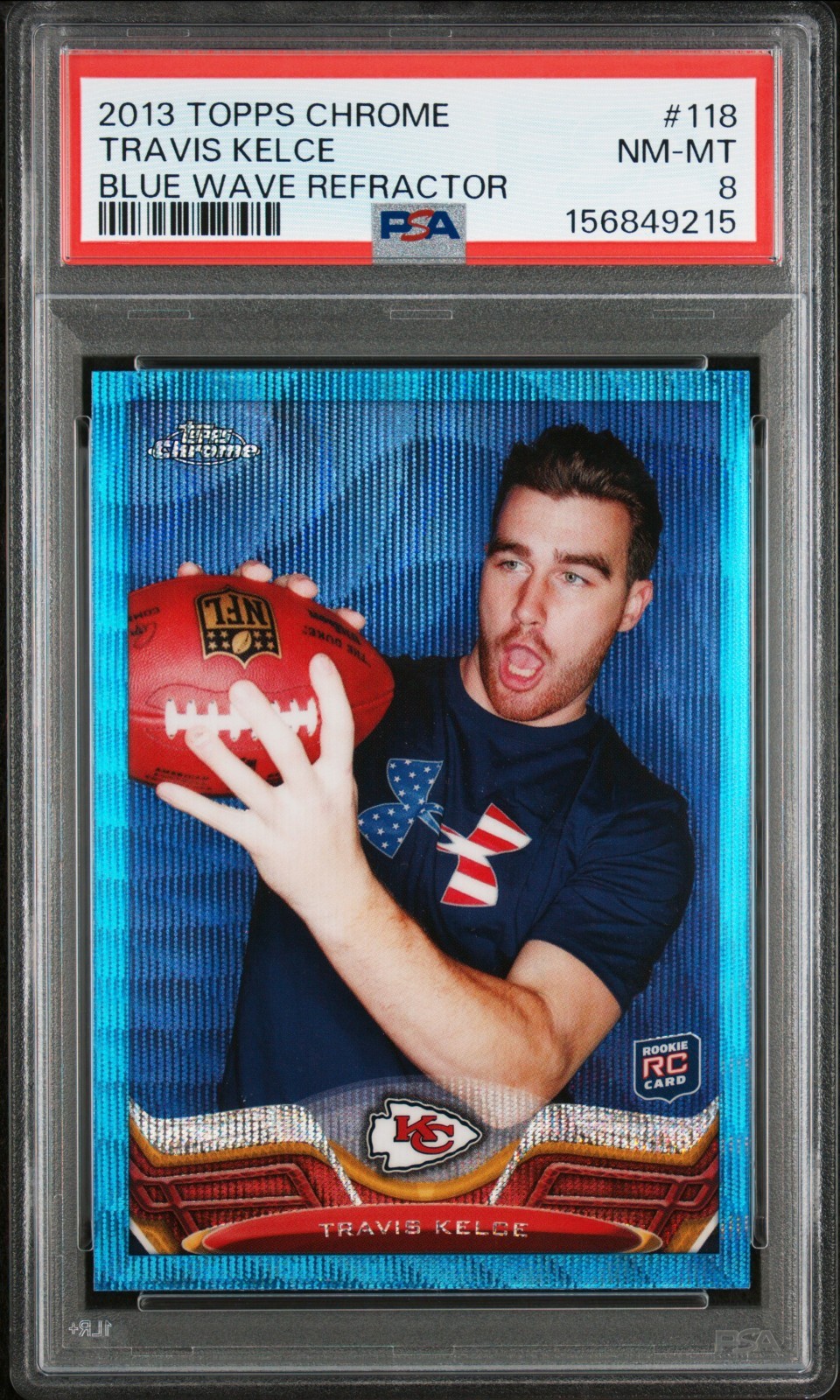 2013 Topps Chrome #118 Travis Kelce Blue Wave Refractor PSA 8 view 1