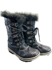 Sorel Whitney Tall Lace Snow Boots Girls Size 4 Black Waterproof Winter Faux Fur