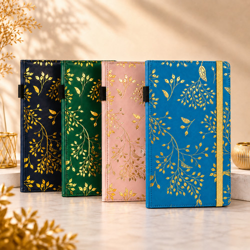 A5 Notebook Gold Leaves Wipe Clean Lined Journal PU Leather Hardback 192 Pages