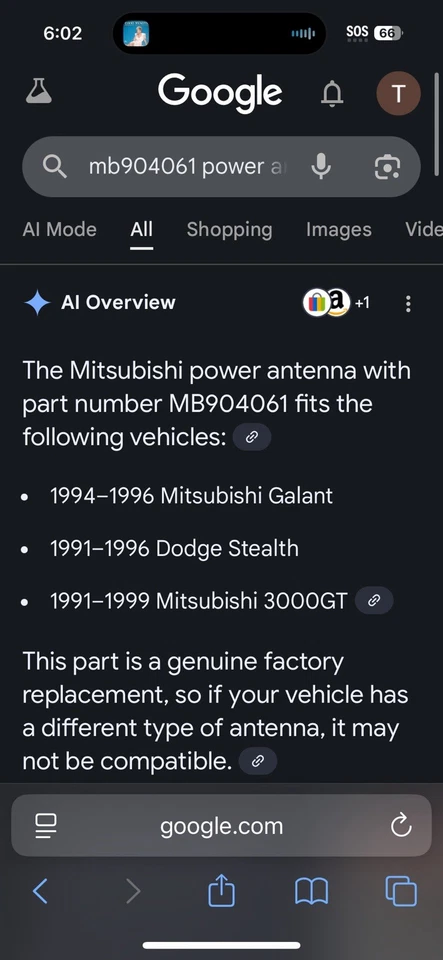 Antena de energía eléctrica 94-96 Mitsubishi Galant OEM MB904061 Dodge Stealth 91-99 Foto 2 de 4