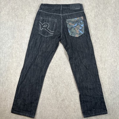 Vintage Y2K Roca Wear Jeans Wide Leg Baggy Fit Dark Blue Embroidery Men s 34x32