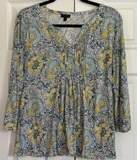 Talbots Floral Blue Yellow 3/4 Sleeve Top Sz M. Cottagecore Grammycore
