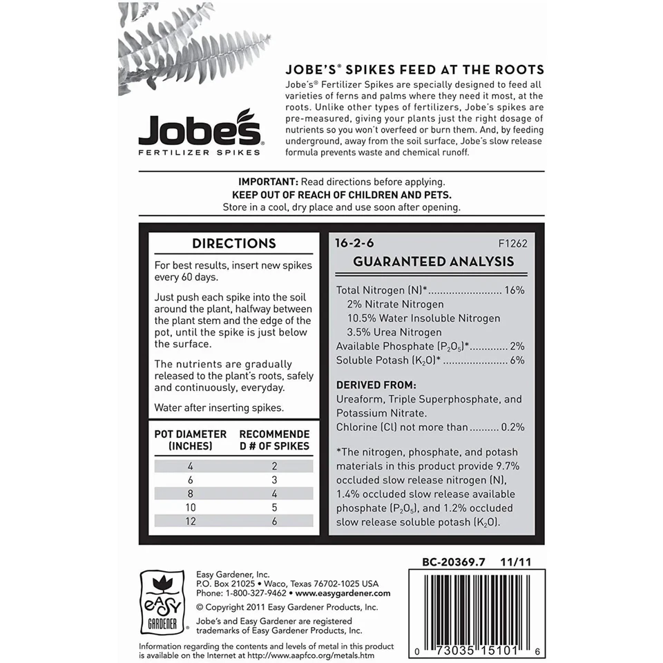 Picos de fertilizante de helecho y palma Jobe's, fertilizante de liberación prolongada 16-2-6 para interior... Foto 2 de 2