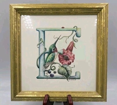 'E' Hum-phabet Hummingbird Framed Art Vintage Signed Deb Collins