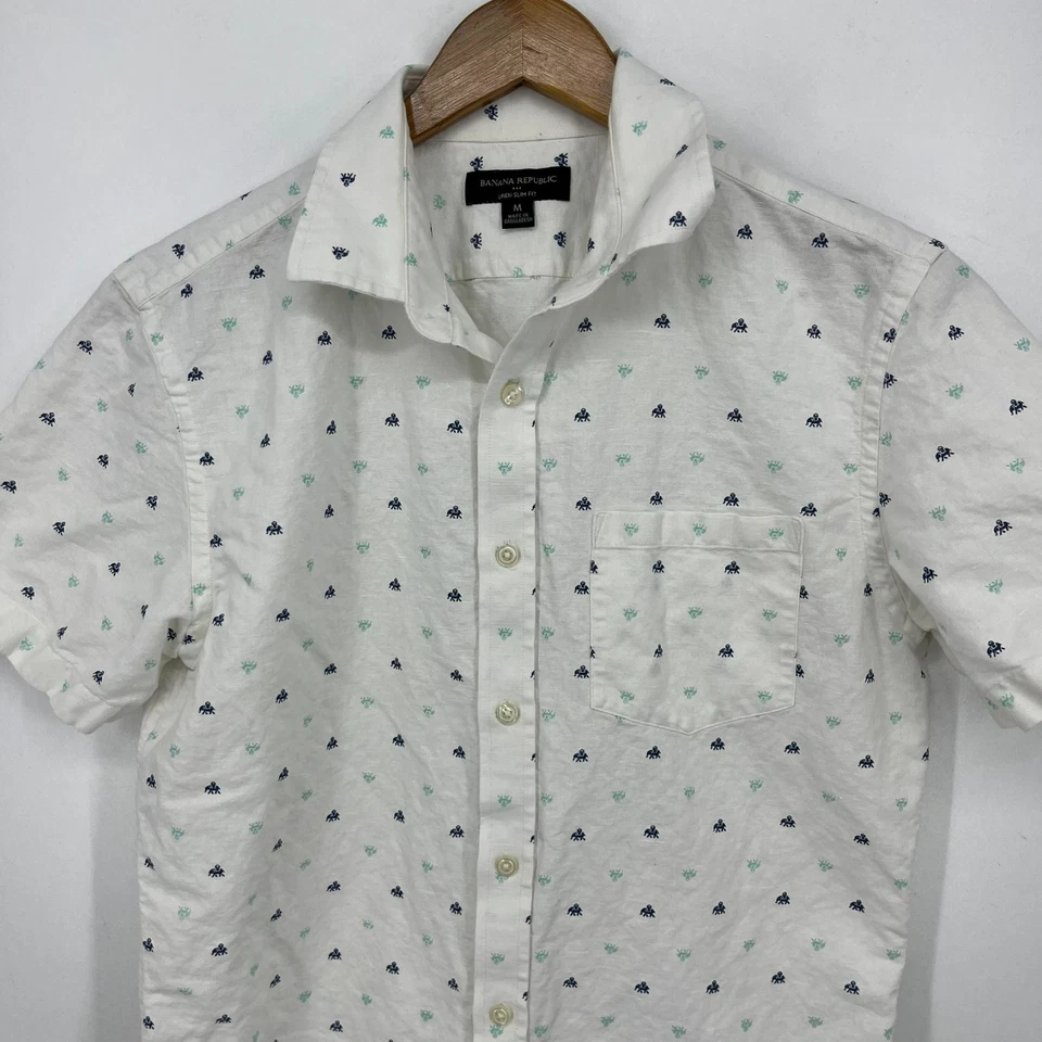 Banana Republic Short Sleeve Button Shirt Men's M White Linen Slim Fit Elephant - Image 2 of 4