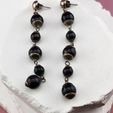 Black Bead Long Dangle Earrings Antiqued Brass Tone Post Statement Vintage Style
