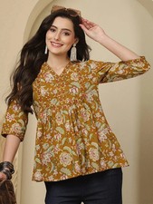 Indian Women Yellow Pure Cotton Floral Print A-Line Top Tunic Kurta Kurti Dress